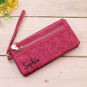 Personalised Leather Wallet with Wristlet Custom Text Wallet Birthday Bridesmaid Gift for Her