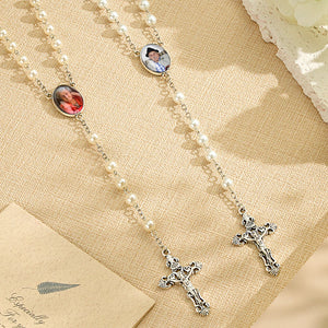 Custom Rosary Beads Cross Necklace Personalized White Imitation Pearls Necklace with Photo - Myphotowallet