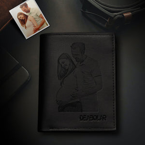 Anniversary Gifts - Custom Men's Vertical Photo Black Wallet Credit Debit Card Holder With Zipper Coin Pouch