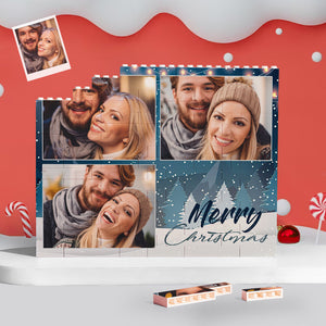 Custom Building Block Puzzle Personalized Blue Horizontal Trio Couple Photo Brick Christmas Gift - CustomPhotoWallet