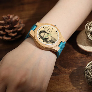 Women's Engraved Wooden Photo Watch Blue Leather Strap - Bamboo