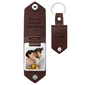 Drive Safe Keychain Personalized Leather Photo Text Keychain Anniversary Gift For Boyfriend With Engraved Text