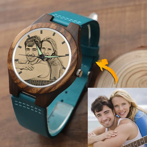 Men's Engraved Wooden Photo Watch Blue Leather Strap