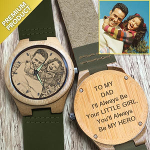 To My Dad - Custom Engraved Bamboo Photo Watch Cow Leather Strap 45mm