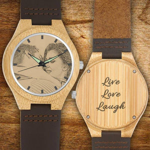 Custom Engraved Wooden Photo Watch Brown Cow Leather Strap - photowatch