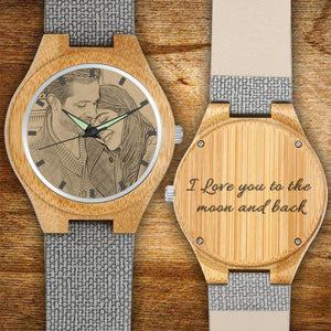 Men's Engraved Bamboo Photo Watch Grey Leather Strap 45mm - photowatch