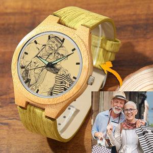 Men's Engraved Bamboo Watch Wooden Photo Watch 45mm