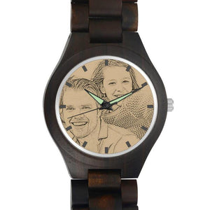 Men's Engraved Wooden Photo Watch All Black Ebony 45mm