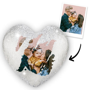 Custom Photo Magic Heart Sequins Pillow-White