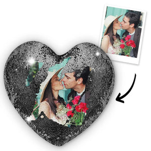 Custom Photo Magic Heart Sequins Pillow-Black